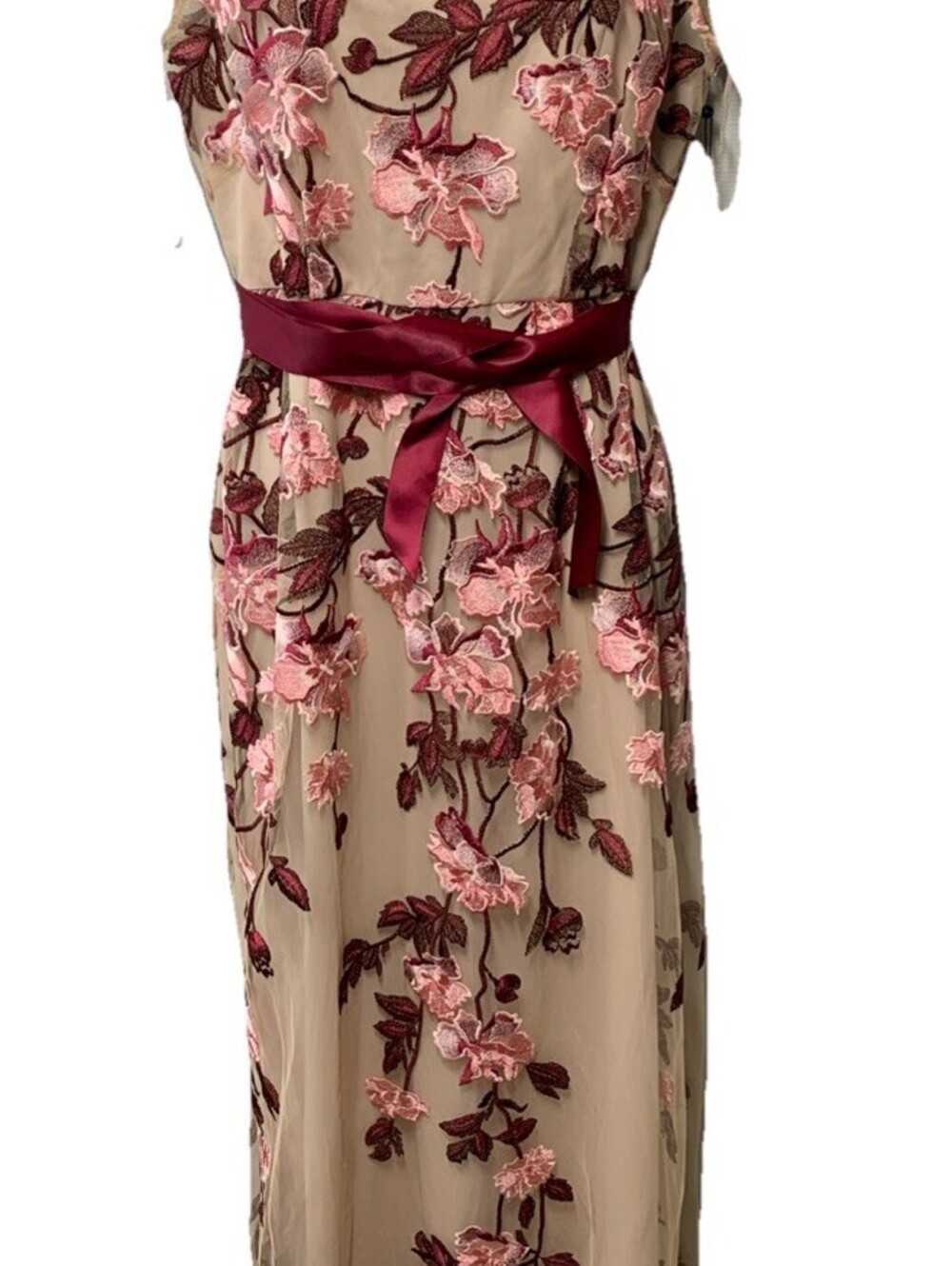 Adrianna Papell Floral Cascading Column Gown Short Sleeve Birthday Wedding Sz 12